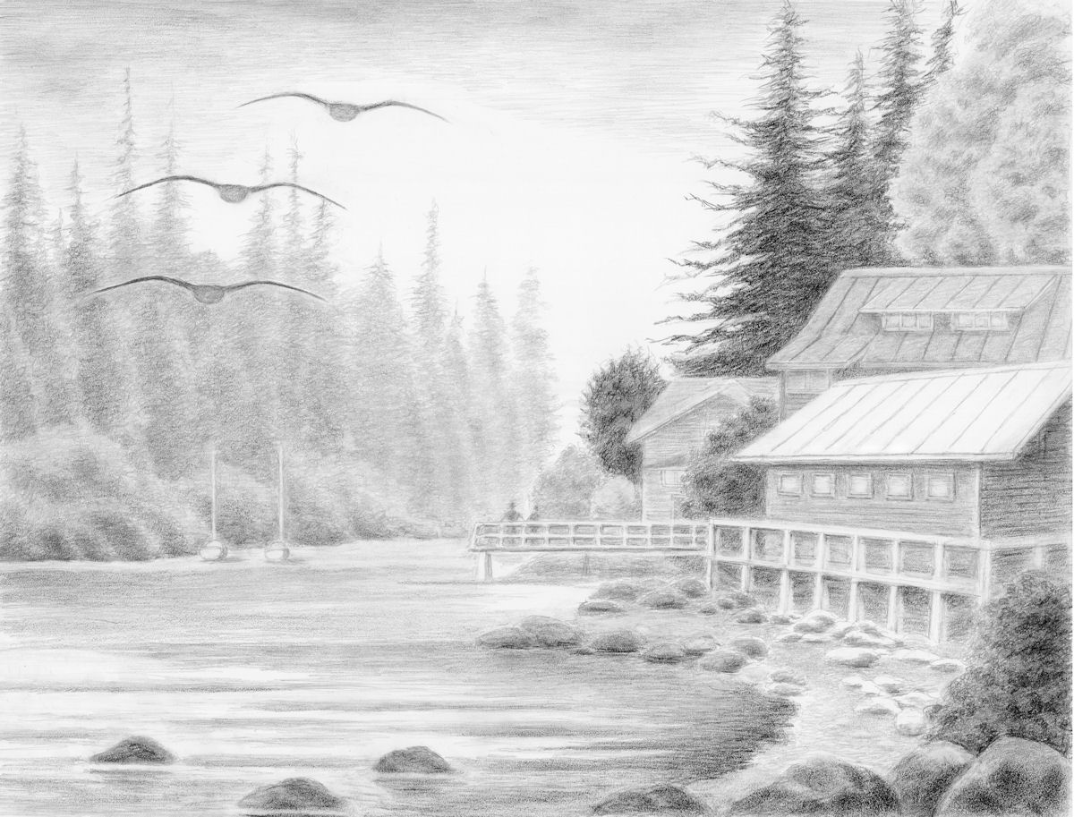 Drawing of the Boardwalk on Bamfield Inlet - Bamfield, British Columbia