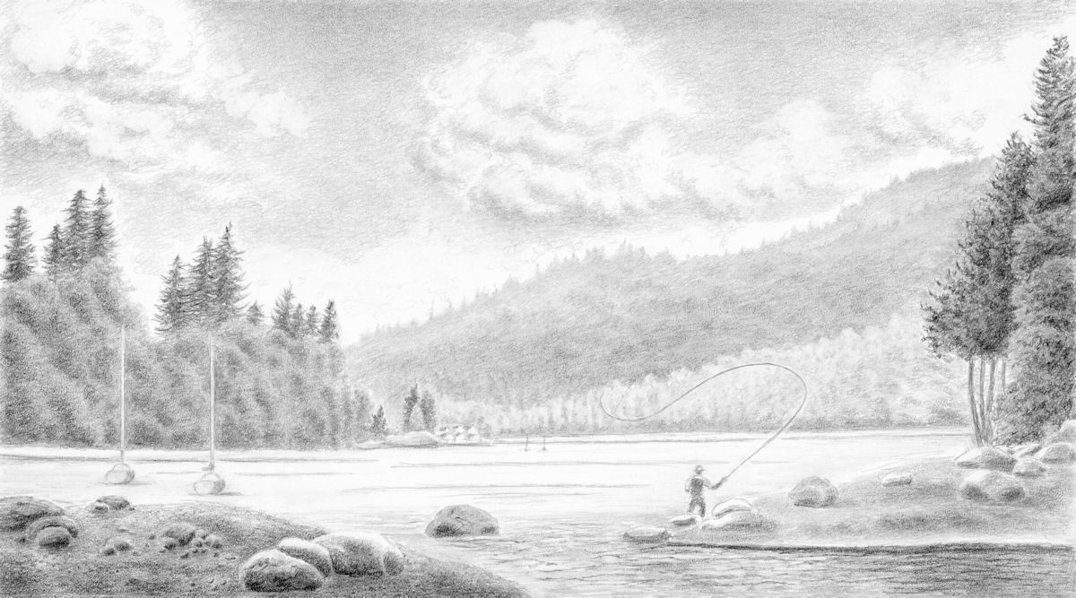 Fly Fishing for Cut Throat Trout Drawing - Old Orchard Park, Port Moody, British Columbia